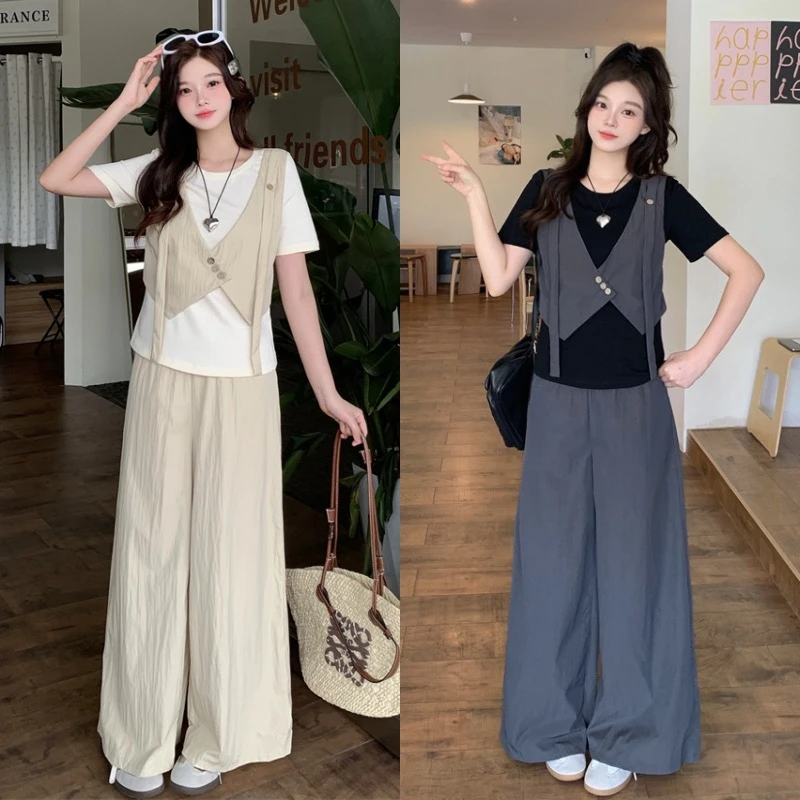 6548-夏季新款大码微胖假两件上衣+阔腿裤套装夏装