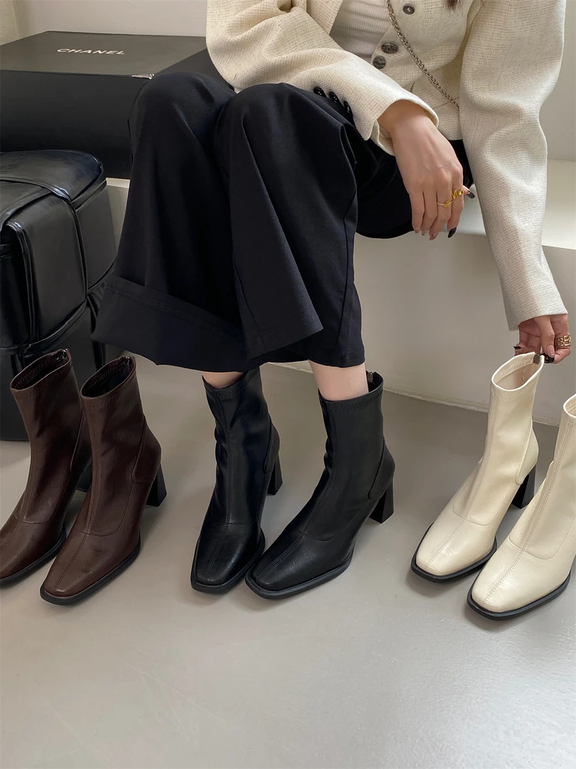粗跟靴子短靴女2025秋冬季女靴新款瘦瘦靴方头短筒靴高跟鞋马丁靴