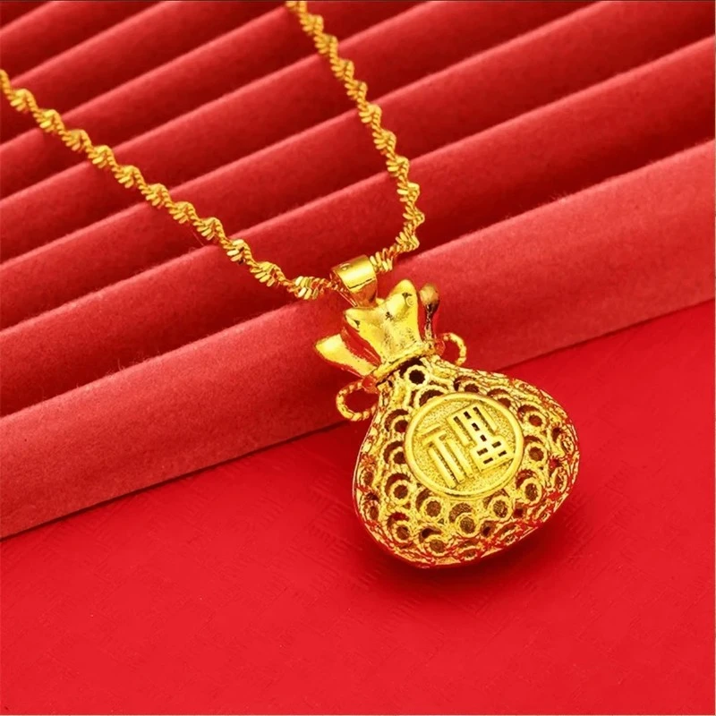 铜合金项链 镂空福袋女款新中式金色锁骨链送新中式轻奢毛衣链