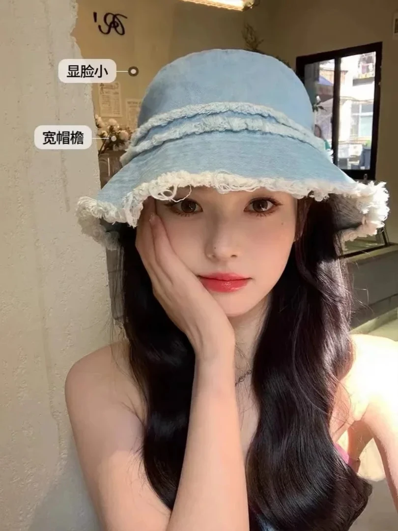 日系水洗牛仔毛边渔夫帽女夏2024新款休闲百搭毛边大帽檐显脸小