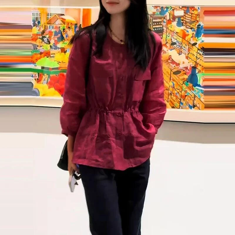 红色长袖防晒衬衫女2025新款夏季设计感收腰显瘦衬衣气质休闲上衣