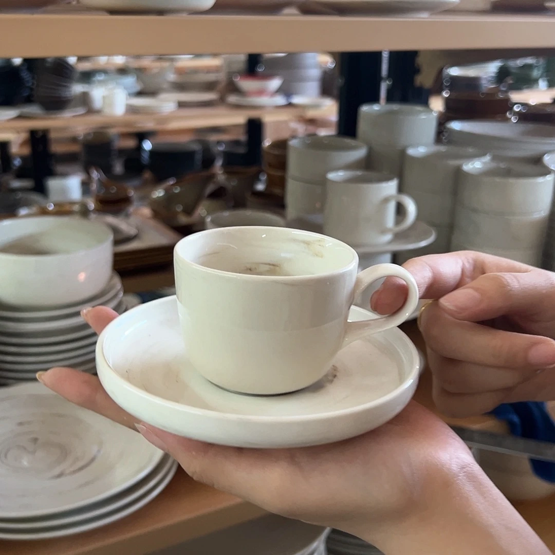 新骨瓷072微瑕云纹石高边底小号意式咖啡杯碟套装