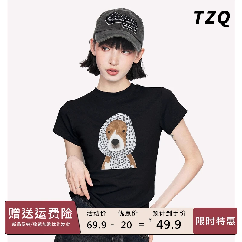 美式小狗印花正肩短袖t恤女夏女款设计感修身短款上衣TZQ2541827