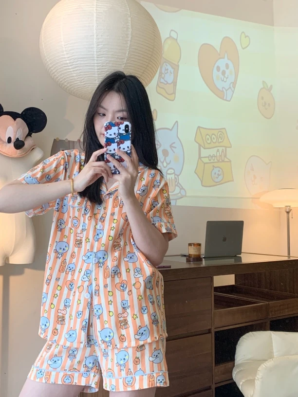 【橘子汽水】日系酷儿卡通可爱印花睡衣女夏季短袖套装家居服可外穿