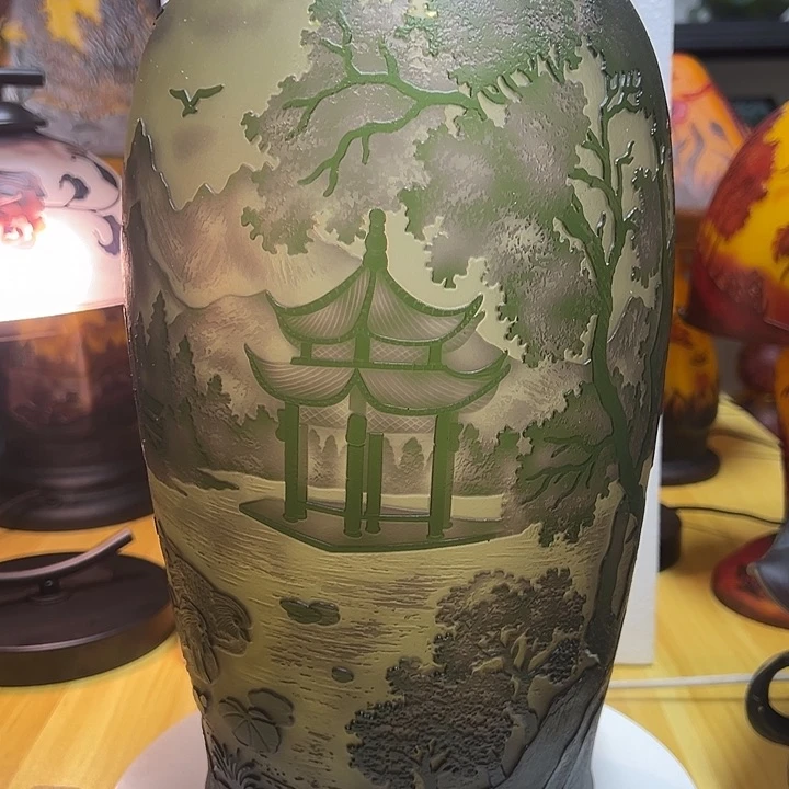 绒***花琉璃手工艺品绿色雕刻花瓶花器高40口14