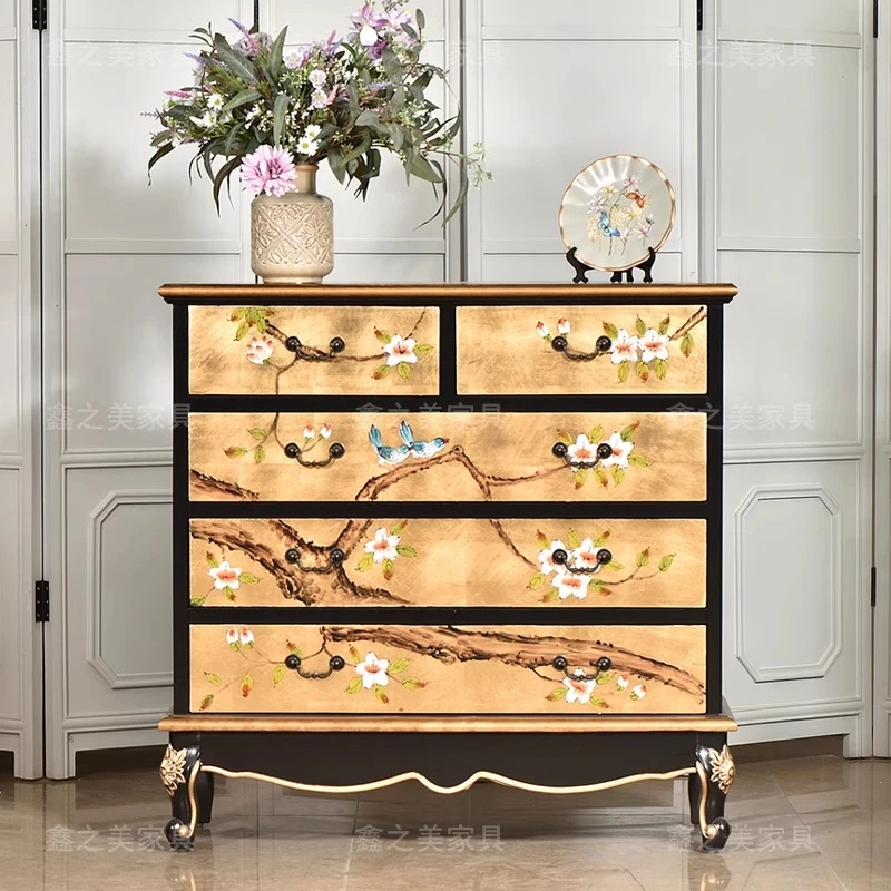 新中式金箔5斗柜实木收纳彩绘新中式复古首饰沙发边柜