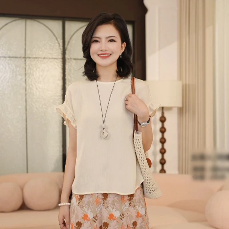 【6A级桑蚕丝】阿楠anan圆领木耳边短袖纯色竖纹女夏真丝T恤套头衫