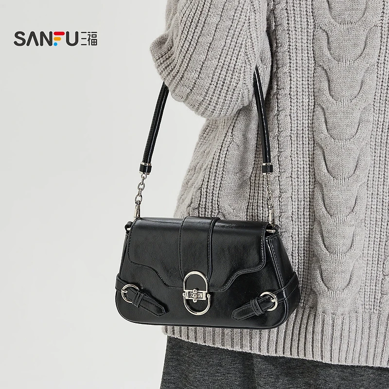 三福腋下包女2023秋OL轻复古系列五金锁扣翻盖包挎包476106