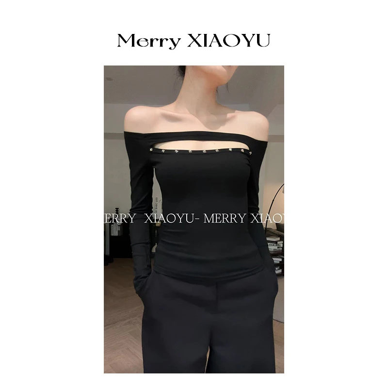 【小鱼】辣妹铆钉镂空设计感长袖小众显瘦百搭修身性感上衣