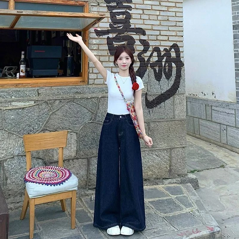 优质美式韩版百搭阔腿牛仔裤女春秋新款港风宽松显瘦垂感拖地裤潮