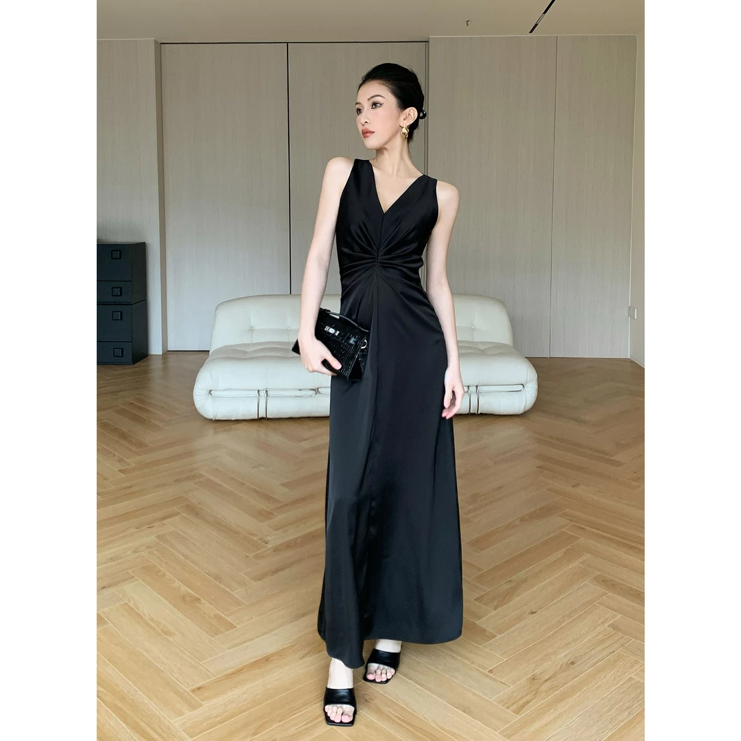 JIJINQI时尚气质法式无袖长裙夏季设计感褶皱连衣裙女JD04LZQM072