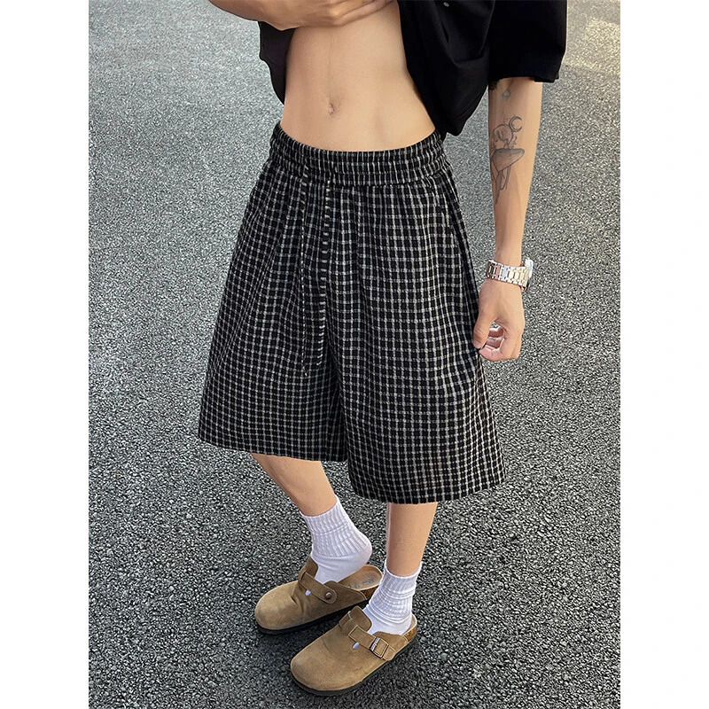 高级感格纹泡泡纱四分短裤男薄款宽松透气棉质四分裤潮流百搭中裤