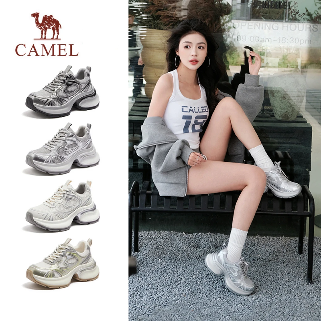 【银熠】骆驼老爹鞋增高运动鞋2025秋季新款厚底银色百搭休闲鞋子女