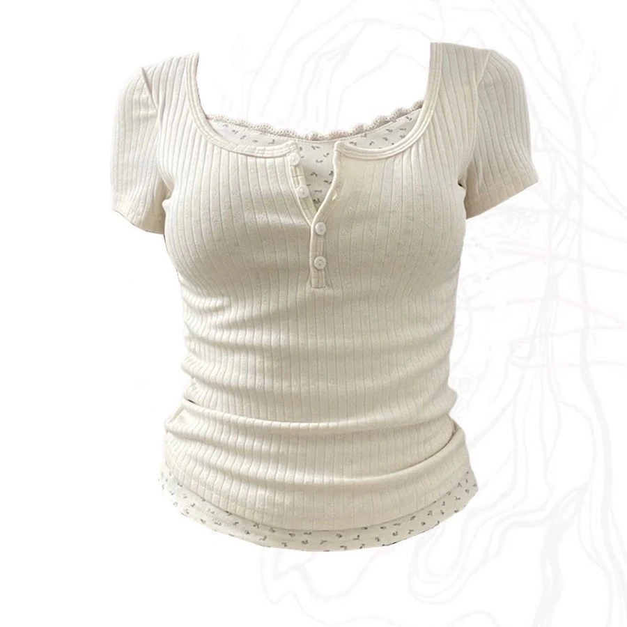 杏色小香风内搭假两件短袖t恤女夏季设计感小众纯欲正肩短款上衣