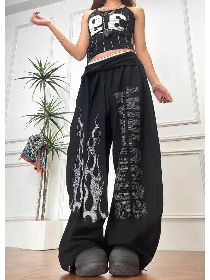 美式复古街头风字母印花卫裤辣妹夏季火焰飘带直筒宽松跳舞拖地裤