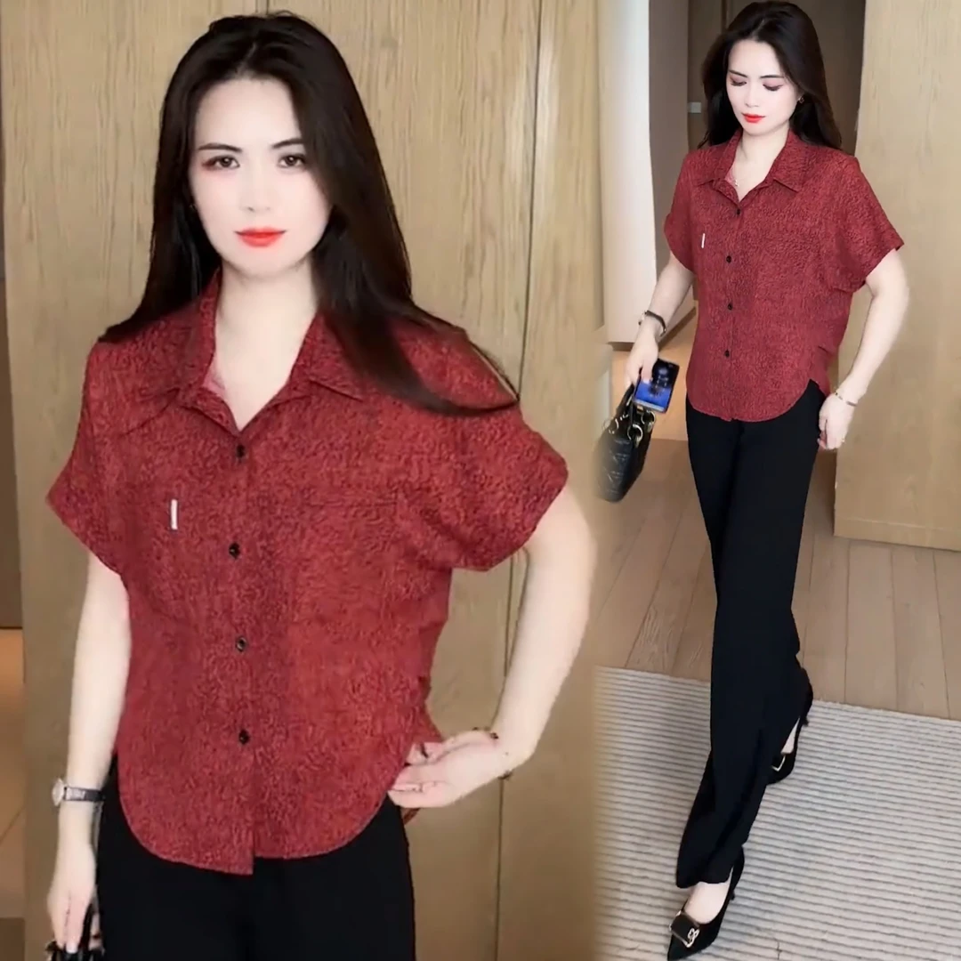 衬衫女时尚减龄遮肉休闲衬衣宽松显瘦短袖上衣夏季妈妈装开衫小衫