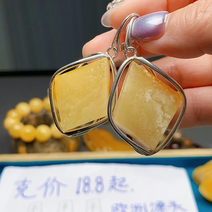 琥珀银S925镶嵌耳饰波兰设计款琥珀蜜蜡