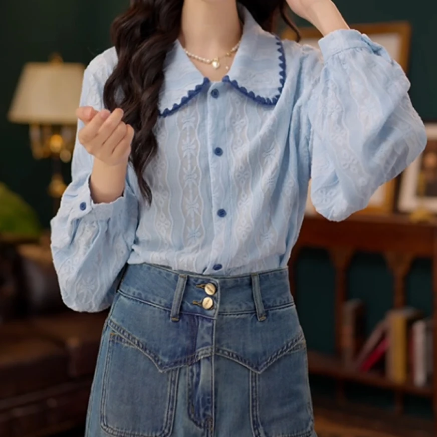 【蓝色诗篇】欧若风撞色翻领长袖衬衫女2025早秋款时尚休闲宽松上衣