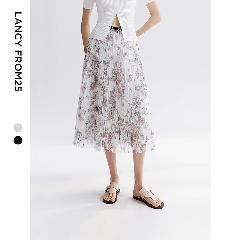 朗姿风琴褶a字网纱中长款印花双色半身裙2025年夏季新款百褶半裙