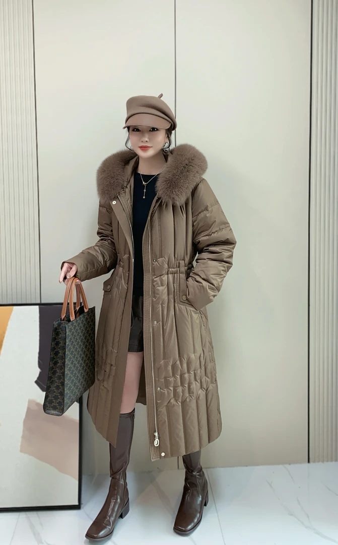 鹅绒服女装时尚休闲女士连帽中长款加厚收腰修身保暖鹅绒羽绒服