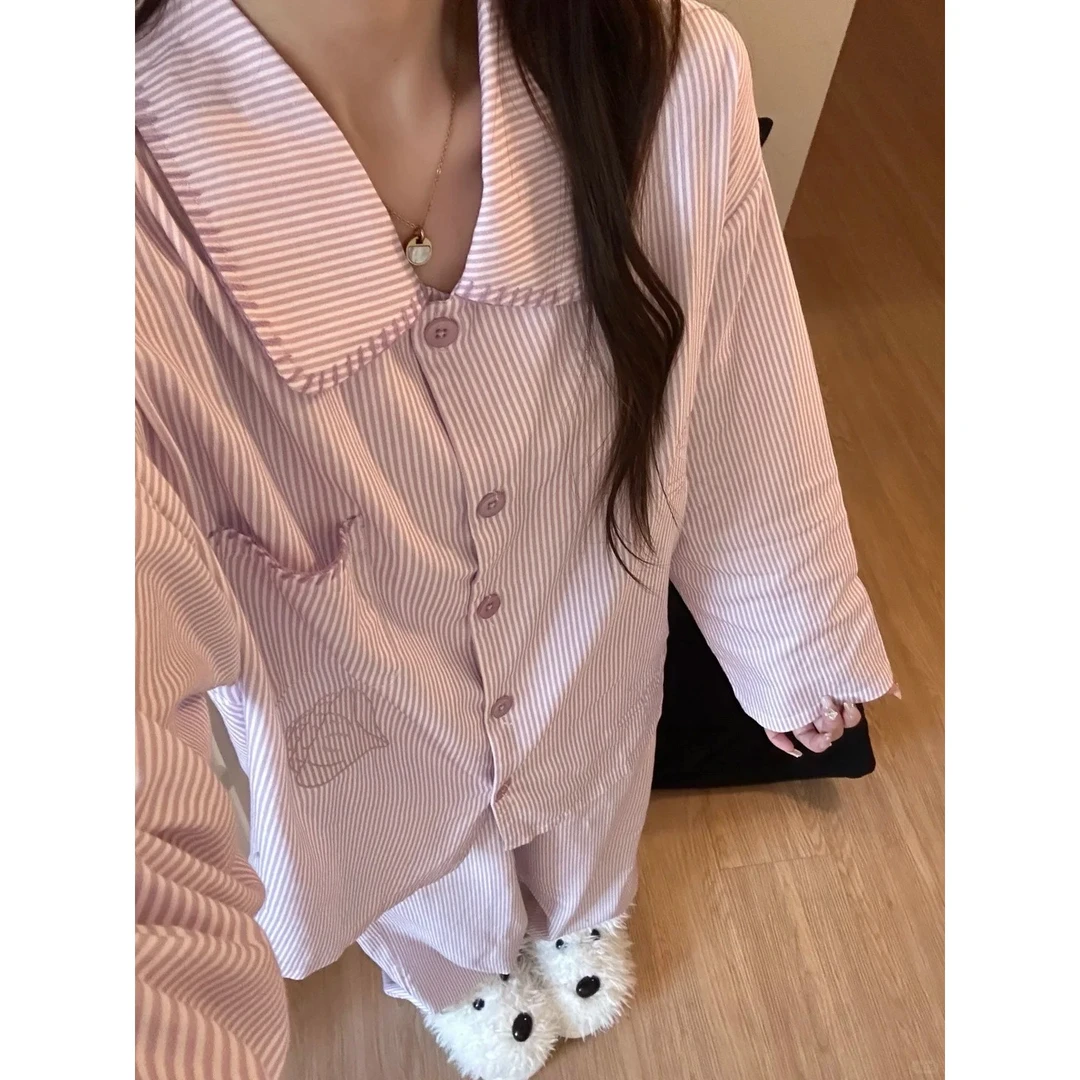 甜美紫色星星贝壳长袖睡衣女2025春秋新款宽松开衫长裤家居服套装