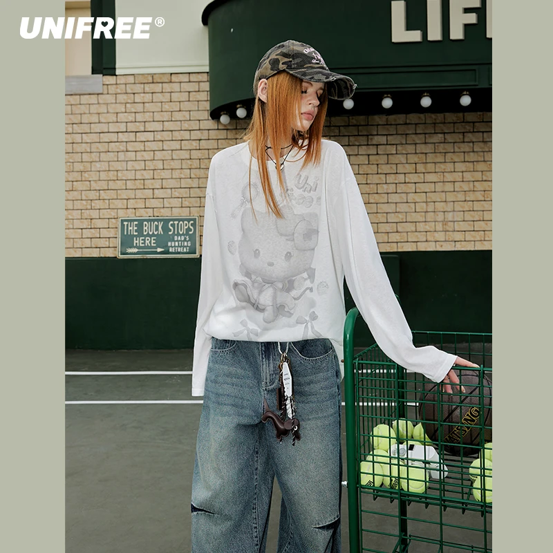 【25年春】白色圆领长袖T恤蝴蝶结猫咪印花学院风韩版上衣