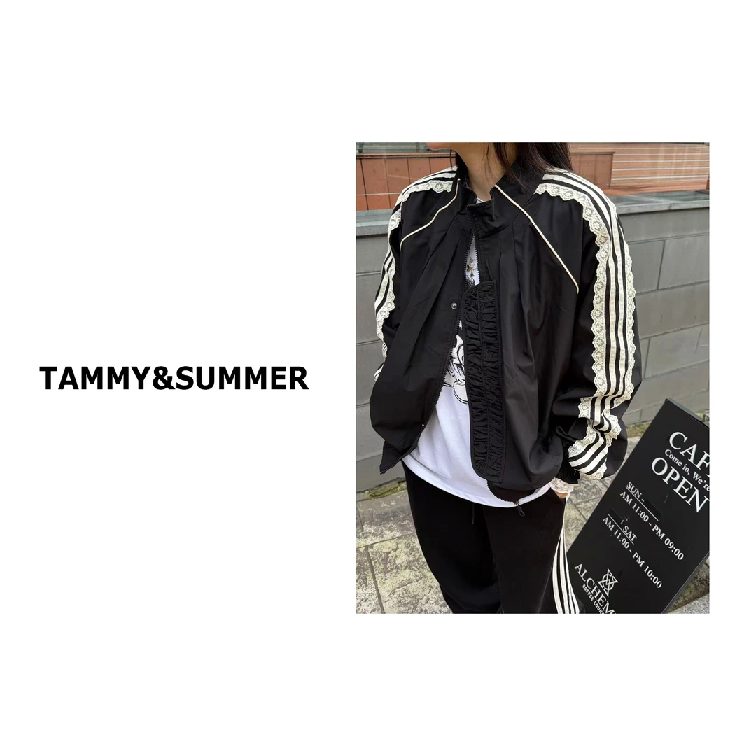 【Tammy&Summer】韩系穿搭宽松三条杠蕾丝花边拉链长袖外套259105