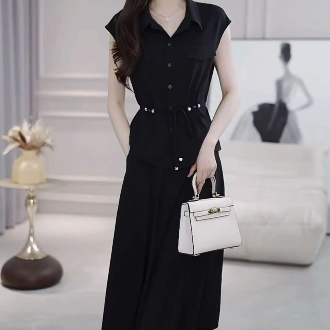 5418#简约风纯色裙子2025夏季新款优雅气质显瘦上衣半身裙两件套