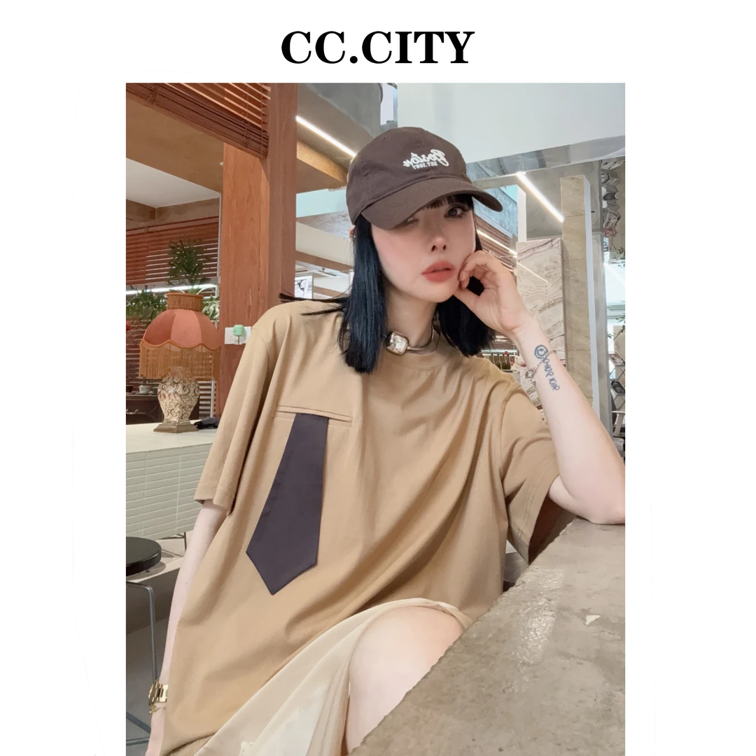 【蔡丽丽&添羽】时尚洋气个性百搭宽松领带大版T恤6x927