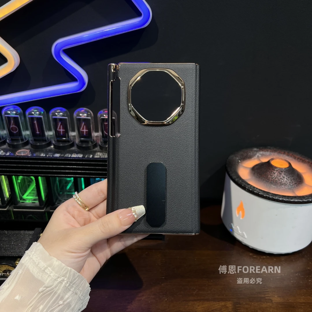 适用于华为MateXTs手机壳双中轴xts三折叠屏真皮保护套旋转支架