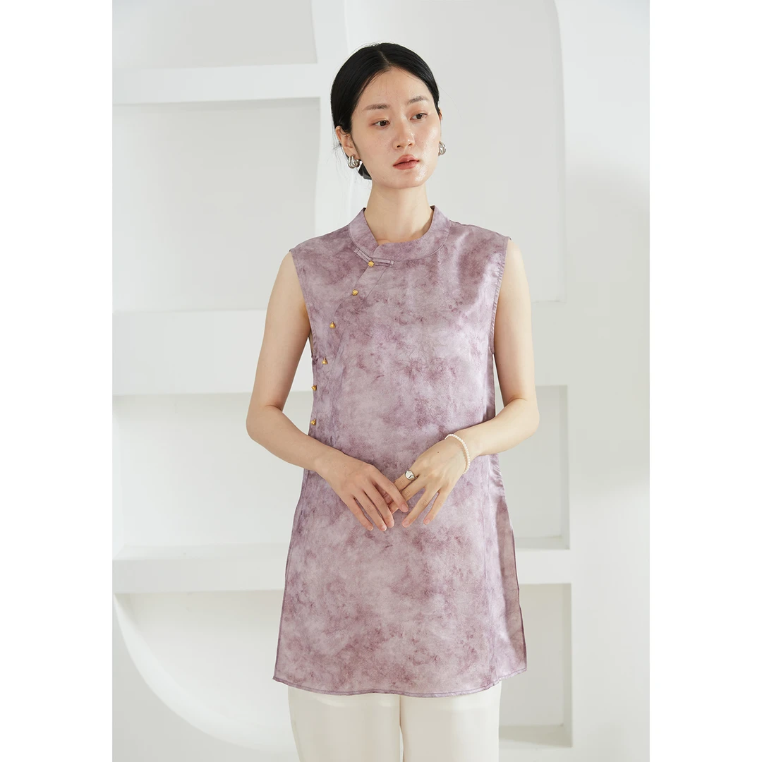 三色奥黛织金真丝新中式上衣桑蚕丝新中式国风斜襟长款SY52173