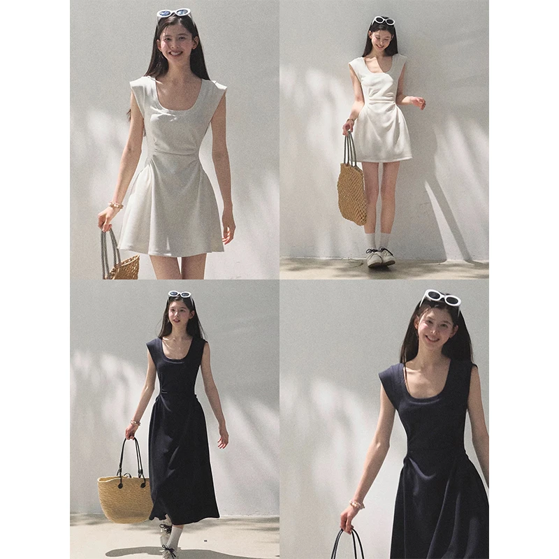 【mimius】喵喵 法式高级感方领收腰褶皱设计连衣裙 G05530