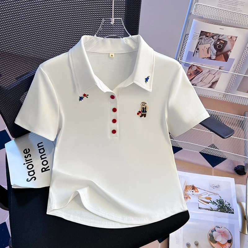 2025新款韩版polo领刺绣修身显瘦短袖T恤女夏季别致正肩百搭上衣