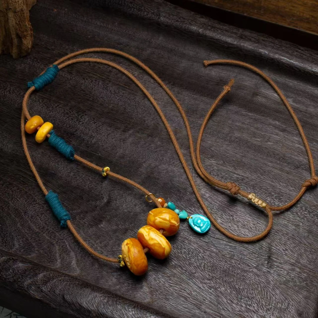 【壹芳珠宝*三生】天然原矿琥珀蜜蜡橘皮妖花饼子锁骨