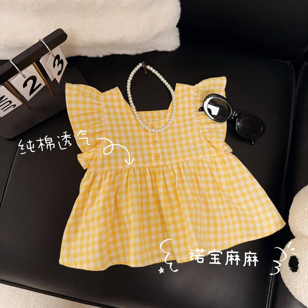 女童夏季薄款衬衫女宝宝方领格子无袖背心夏装儿童飞袖格子衫上衣