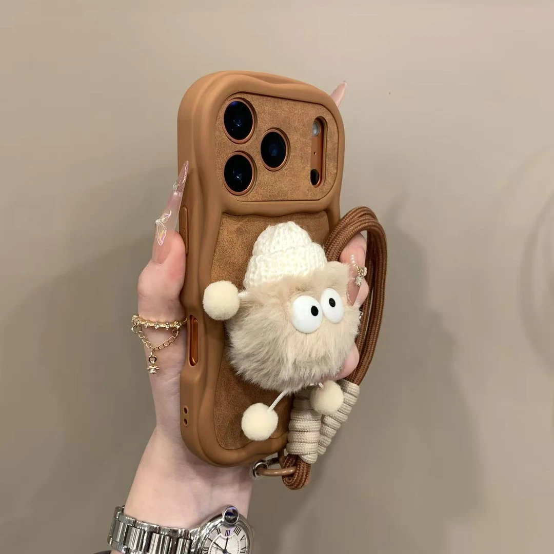 秋冬毛绒煤球适用苹果17promax手机壳新款iphone16pro男女15plus