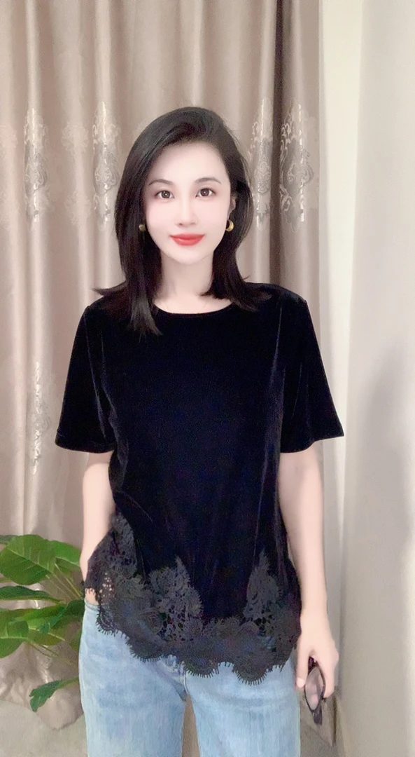 新款丝绒拼接蕾丝春夏时尚百搭气质短袖