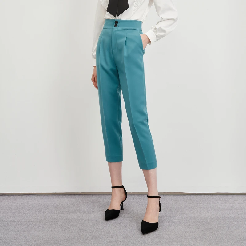 【粉丝专享】恩曼琳春新品通勤高腰修身捏褶小脚西装裤休闲EANCAA50