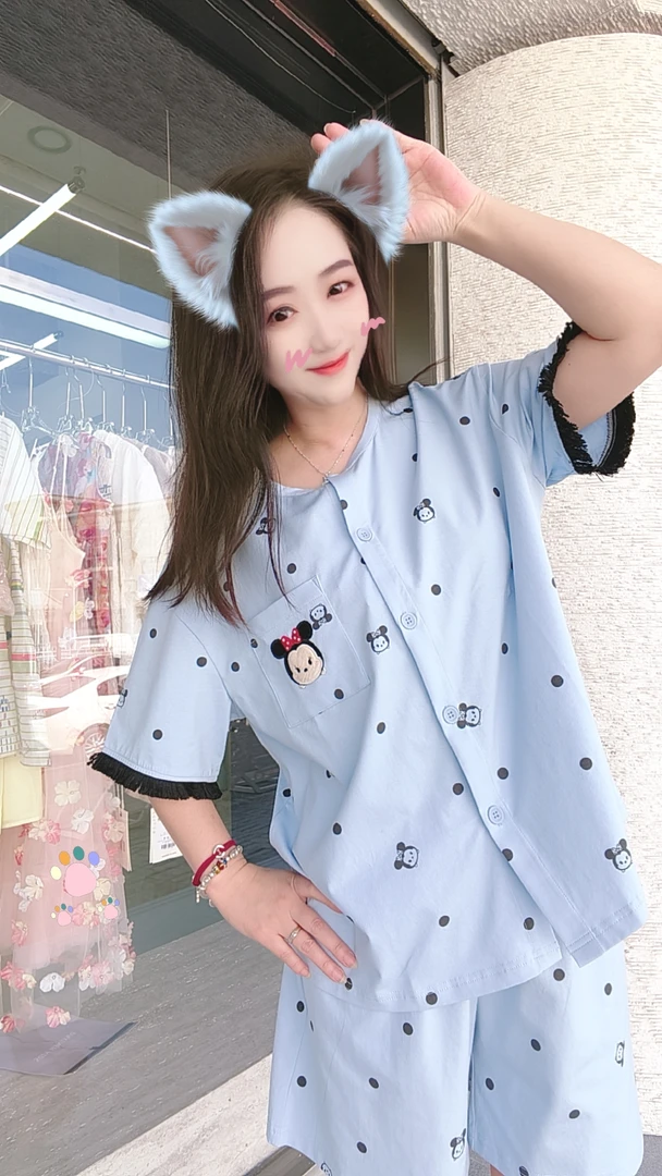女士夏季休闲短袖可爱可外穿睡衣学生宽松短裤夏天薄款家居服套装