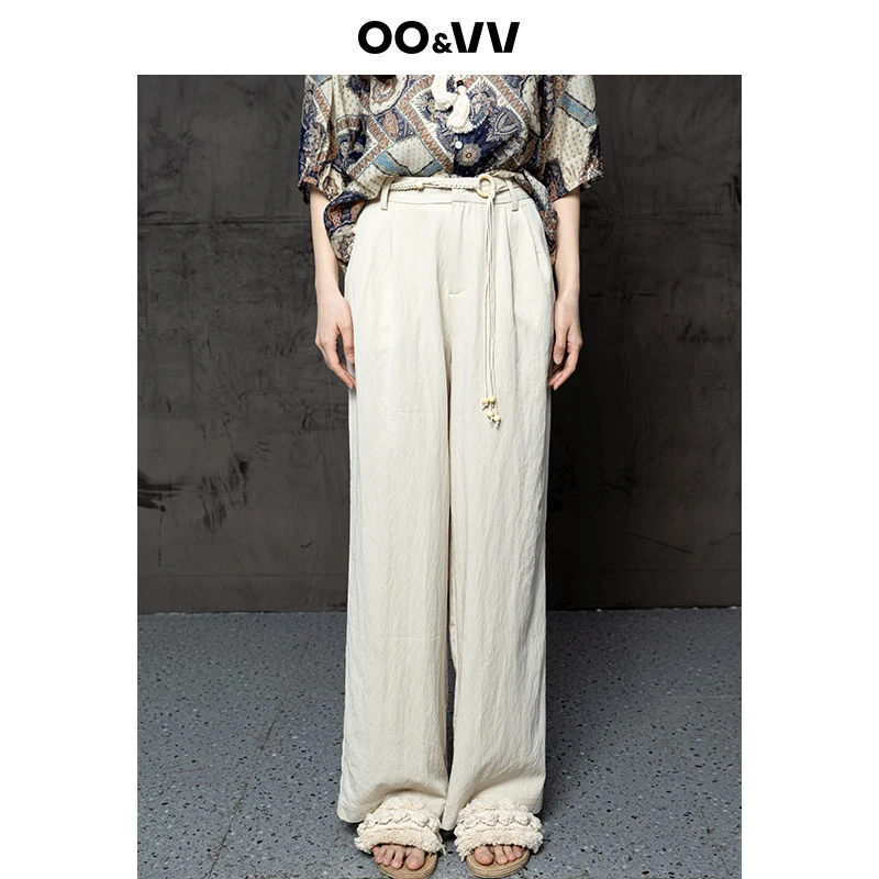 OO&VV女装休闲阔腿裤2025夏季新款宽松舒适有垂感纯色配针织腰带
