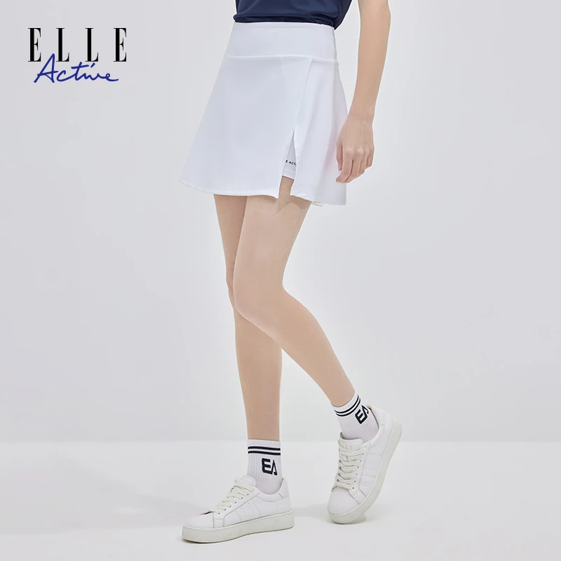 ELLE Active白色半身裙高腰A字裙侧边开叉松紧腰夏季运动网球短裙