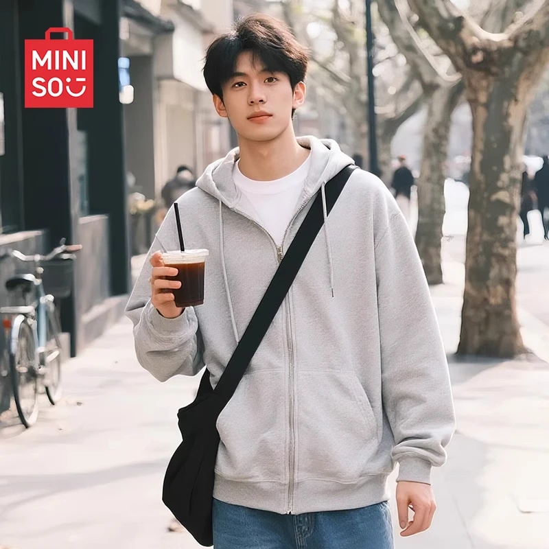MINISO/名创优品开衫卫男士秋季新款灰色连帽衫休闲运动拉链外套