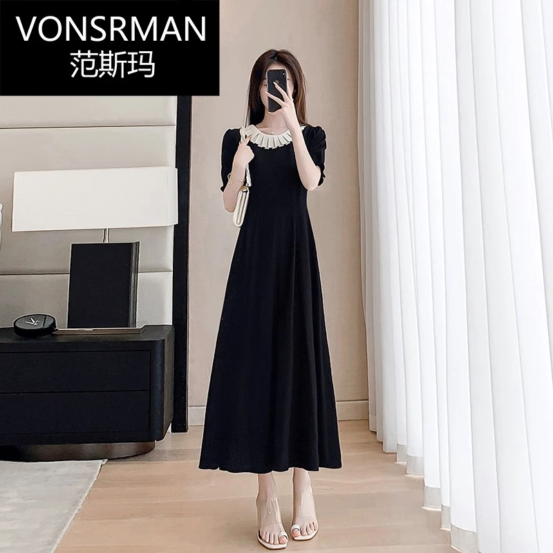 黑色短袖雪纺连衣裙夏季小众女装圆领显瘦小黑裙中长款a字裙子女