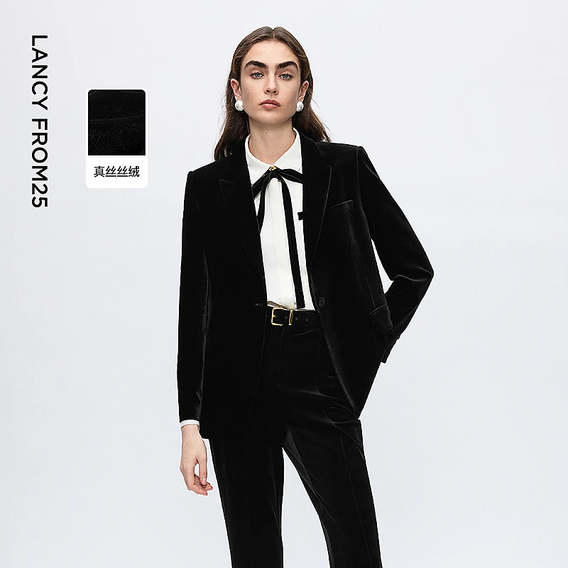 朗姿丝绒复古摩登气质高级感西装收腰廓形上衣女2025新款冬季新款