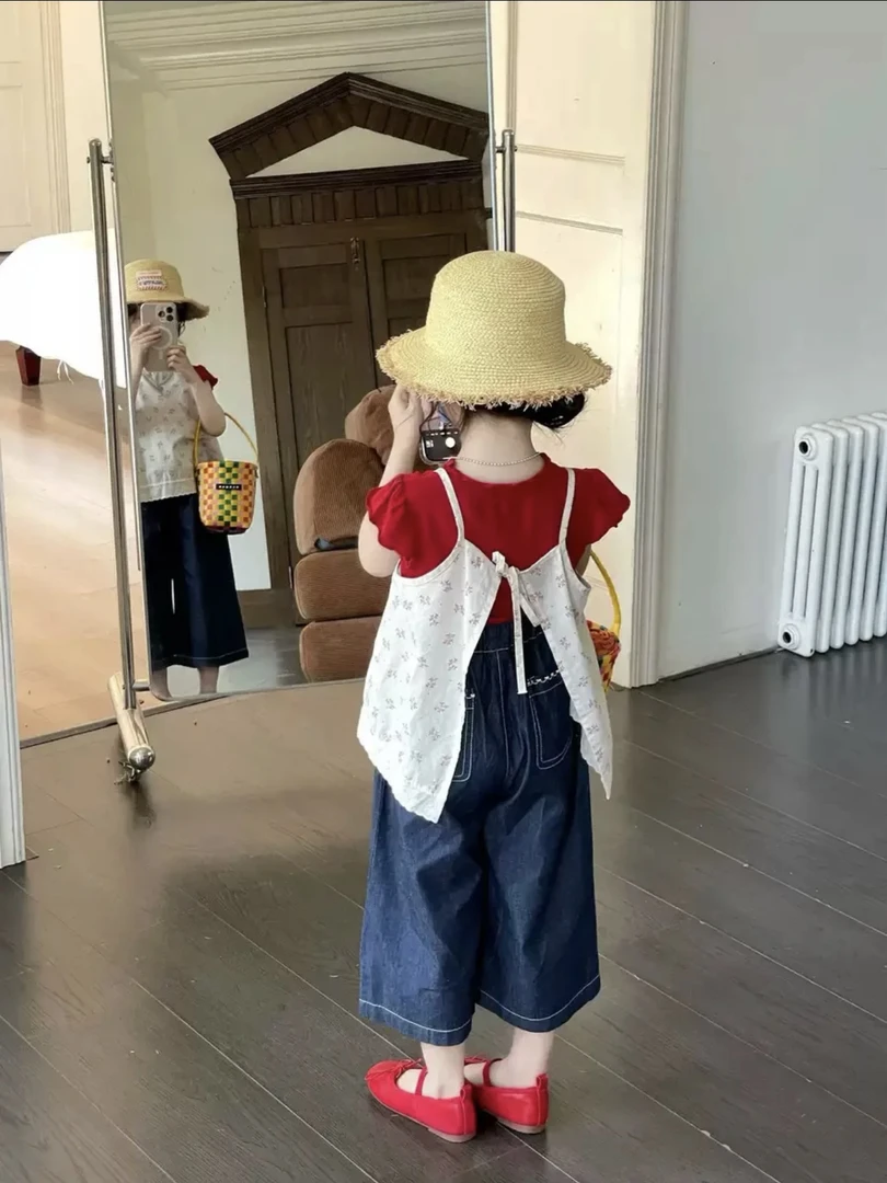 【黑妞妞】韩版女童碎花吊带夏季打底休闲短裤女宝三件套装LZX7079