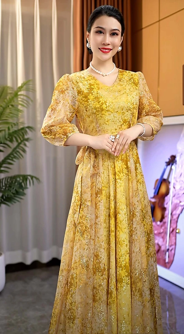 香衣丽华09-362夏季新款冰云纱烫金印花大摆过膝连衣裙修身显瘦