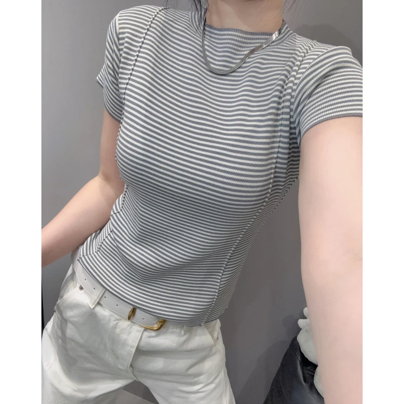 紧身弹力冰丝针织衫短袖女高级感洋气条纹百搭圆领鱼骨上衣夏欧货