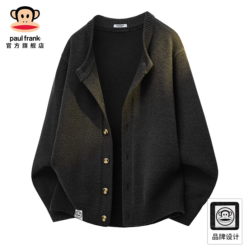 PaulFrank/大嘴猴黑色长袖针织毛衣男士秋季新款宽松休闲开衫外套