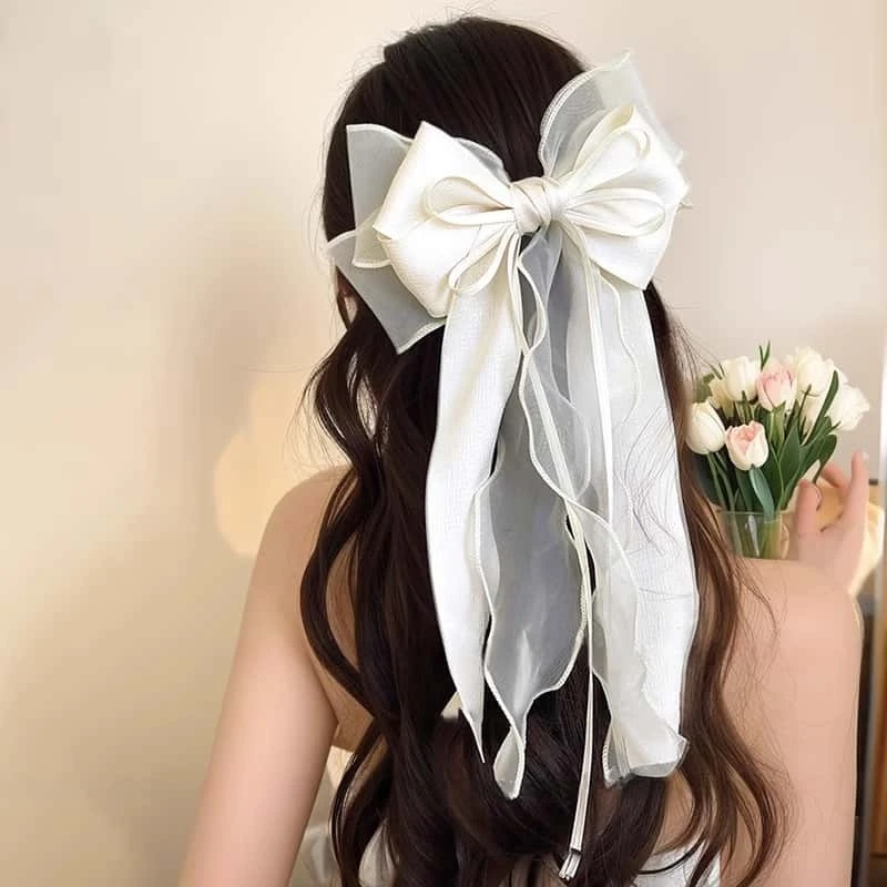 网纱蝴蝶结飘带发夹女后脑勺2025新款高级感弹簧夹一字夹发卡头饰