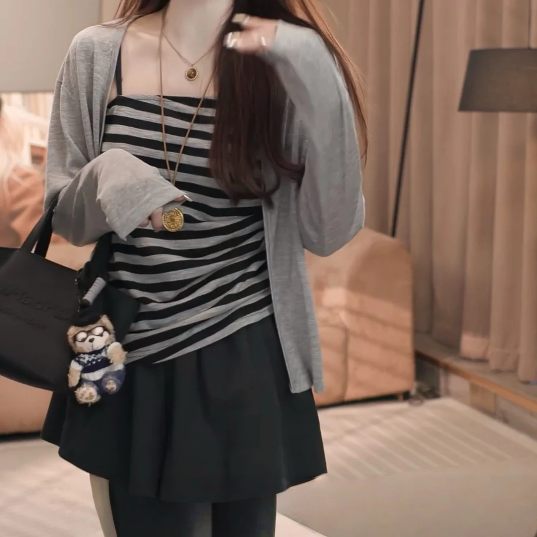 辣妹风条纹吊带背心+披肩薄款长袖防晒衬衣2025夏季新款两件套